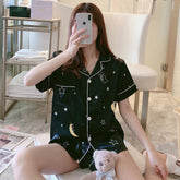 Conjunto de pijama de satén de 2 piezas con estampado de gato, luna y estrellas